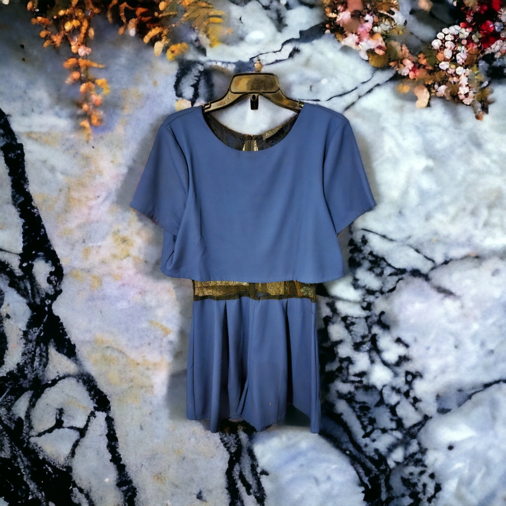 Nwot Astr Navy Blue And Black Lace Midriff Inset Romper Size Medium